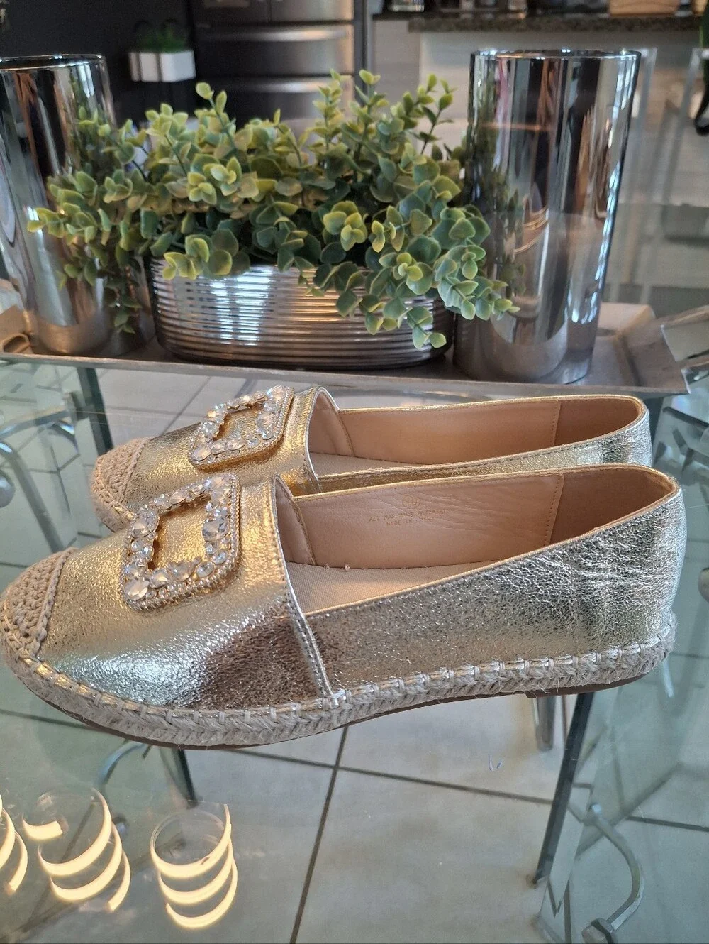 Metallic Silver Jeweled Espadrille Flats - Women